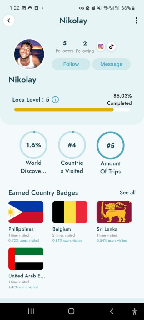 backpacker profile on GoLoca App