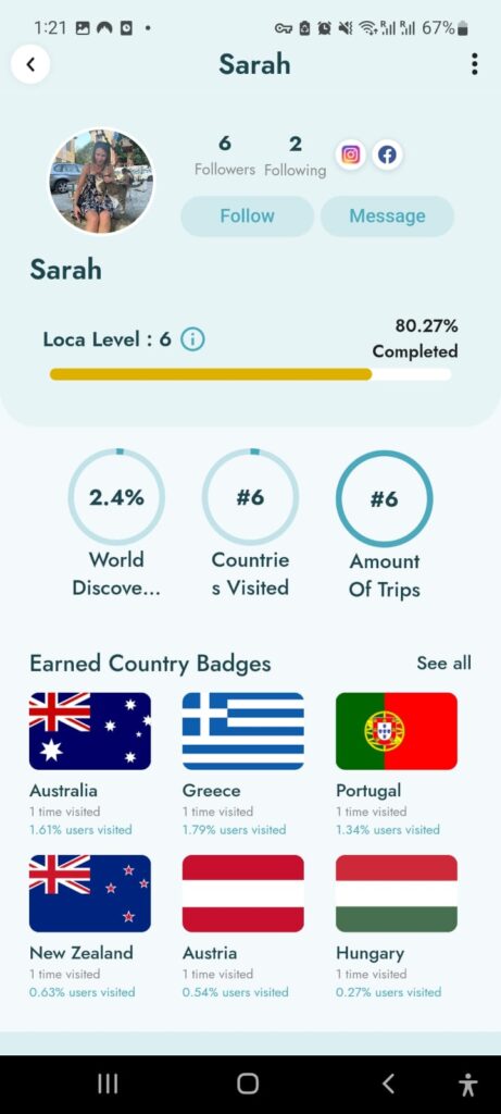 backpacker profile on GoLoca App