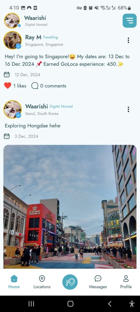 Social Travel App posting wall